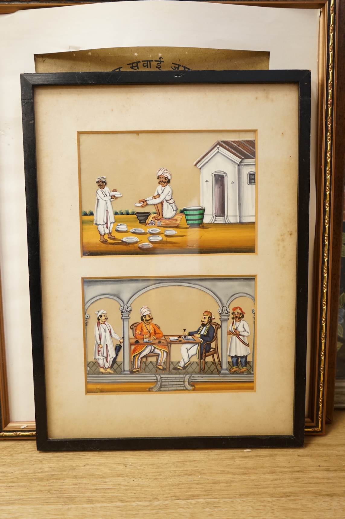 Four Persian and Indian Mughal style watercolours, to include one depicting an emperor and attendants, together with a decorative Chinese silk embroidery, largest 89 x 49cm